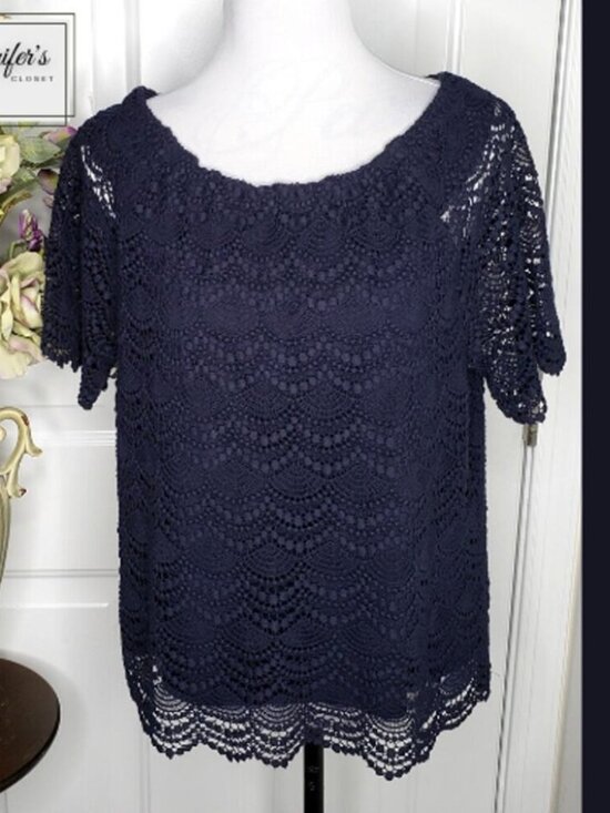 Tops - Women's Navy Blue Scoop Neck Short Sleeve Lace Crochet Top Size L